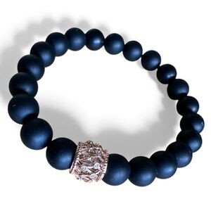 Matte 8mm Onyx Stretch Bracelet w/ Rose Gold Crystal Filigree Pave Spacer